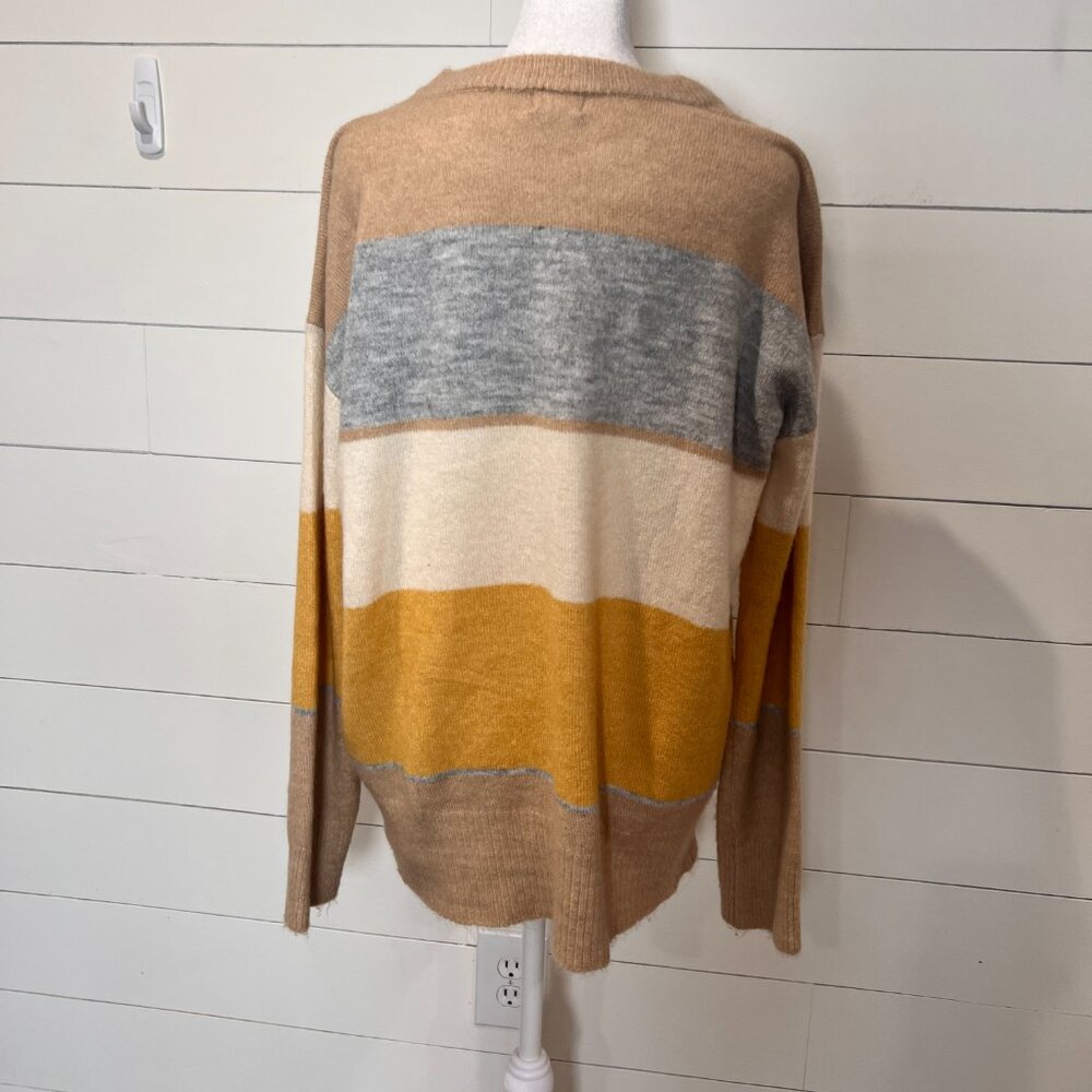 Hem & Thread Tan, Gray, Cream & Gold Striped Relaxed Fit Sweater Size M - Picture 4 of 6